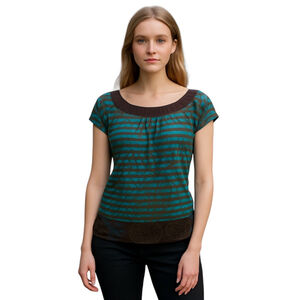 Twenty One Top Womens M Medium Green Abstract Stripe Keyhole Casual Blouse USA